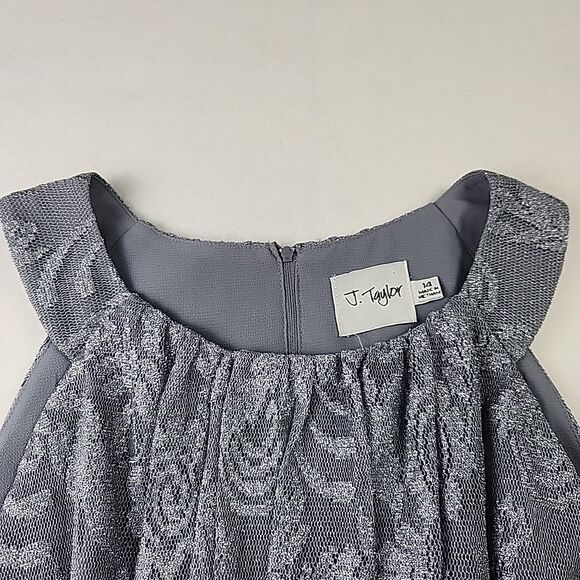 J. Taylor Silver Halter Party Dress Size 14 Floral Lace Shimmer Gathered Waist - Picture 7 of 11